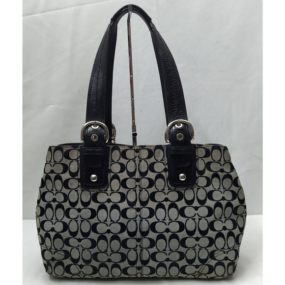 Coach Signature Black Canvas Leather Trim Double Handle Large Tote Bag - Picture 1 of 16